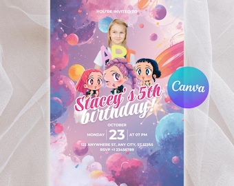 Editable KPop Demon Hunters Birthday Invitation With Photo, Huntrix Golden Party Invite, Pink Purple Pastels Template, Rumi Mira Zoey Space