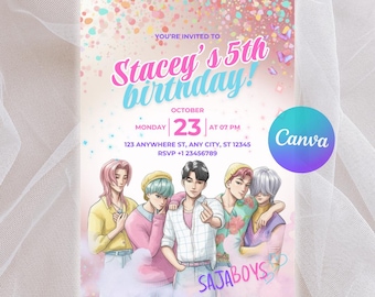 Printable Saja Boys K-Pop Boy Group Birthday Invitation, Kpop Demon Hunters, Idol Party Invite, Soft Aesthetic Pastel Poster, Canva Template