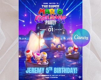 Editable Super Mario Galaxy Birthday Invitation, Starry Toads on Boats Party, Kids Cinema Watchalong Night Invite, Digital Canva Template