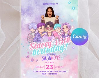 Printable Saja Boys K-Pop Group Birthday Invitation With Photo, Kpop Demon Hunters, Editable Soft Pastel Party Invite, Canva Template Poster