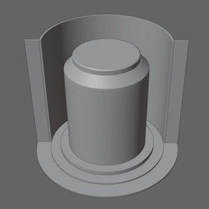 May include: A three-dimensional gray digital model of a cylindrical object centered within a curved, semi-circular outer wall structure. The central cylinder features a flat top and a stepped base, all rendered in a uniform matte gray finish.