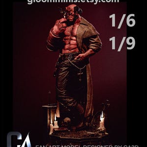 Könnte beinhalten: Eine rot-häutige humanoide Figur mit Hörnern, bekleidet mit einem langen dunklen Mantel und einer schwarzen Hose, stehend auf einem Sockel mit Kerzen und einem Totenkopf. Text umfasst gloomminis.etsy.com, 1/6, 1/9 und FAN ART MODEL DESIGNED BY CA3D.