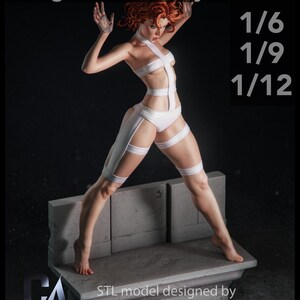 May include: A detailed figurine of a woman with red hair, wearing a white outfit with straps, posed on a stone structure. The image includes text indicating scale sizes: 1/6, 1/9, and 1/12, and the Etsy shop URL.