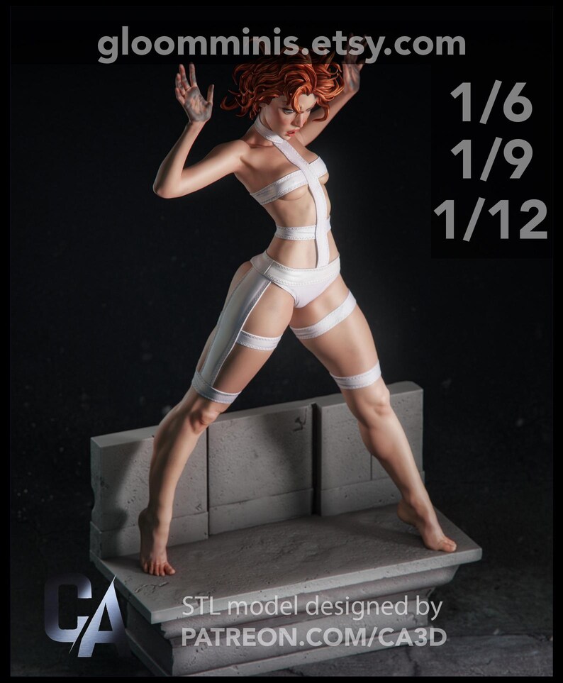 May include: A detailed figurine of a woman with red hair, wearing a white outfit with straps, posed on a stone structure. The image includes text indicating scale sizes: 1/6, 1/9, and 1/12, and the Etsy shop URL.