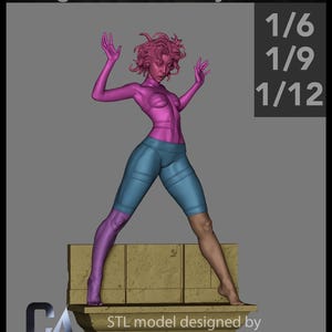 May include: A 3D-printed figurine of a female figure with pink hair and a matching top, blue shorts, and one purple leg. The figure is posed with arms raised, standing on a stone-like platform. Text on the image includes "gloomminis.etsy.com" and scale options.