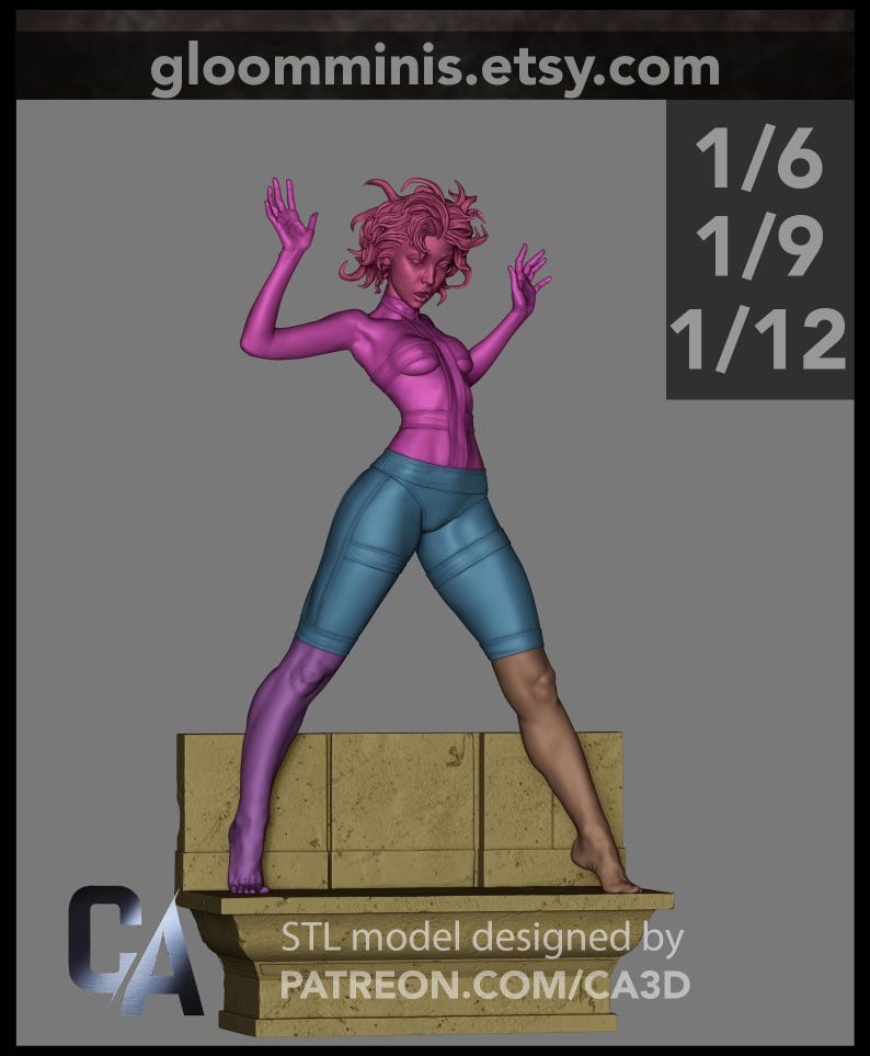 May include: A 3D-printed figurine of a female figure with pink hair and a matching top, blue shorts, and one purple leg. The figure is posed with arms raised, standing on a stone-like platform. Text on the image includes "gloomminis.etsy.com" and scale options.