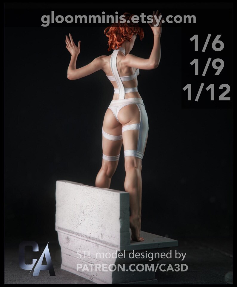 May include: A white figurine of a person with red hair, wearing a white outfit. The figurine is standing on a stone structure. The text "gloomminis.etsy.com" is at the top. The text "1/6, 1/9, 1/12" is on the right.