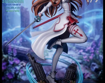 May include: A detailed figurine of a character in a white and red outfit, holding a sword. The figure is posed dynamically on a base with a blue ring. Text on the image includes "3Dmoonn", "STL MODEL AVAILABLE AT PATREON.COM/3DMOONN", and "1/6 1/9".