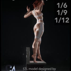 May include: A 3D-printed figurine of a person with red hair, wearing a white outfit. The figure is posed with arms raised, standing on a stone-like platform. The image includes text: gloomminis.etsy.com, 1/6, 1/9, 1/12, and patreon.com/CA3D.