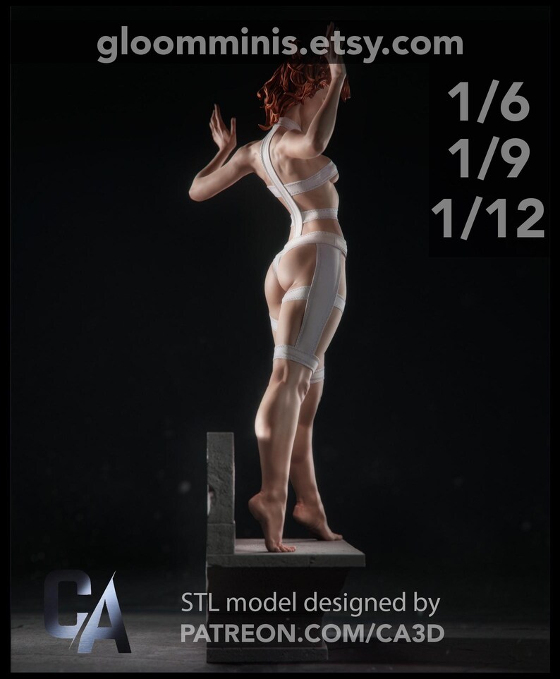 May include: A 3D-printed figurine of a person with red hair, wearing a white outfit. The figure is posed with arms raised, standing on a stone-like platform. The image includes text: gloomminis.etsy.com, 1/6, 1/9, 1/12, and patreon.com/CA3D.
