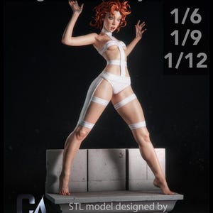 May include: A white figurine of a woman in a futuristic outfit, with her arms raised. The figurine is standing on a stone-like platform. The text "gloomminis.etsy.com" is at the top, and "1/6, 1/9, 1/12" is on the right. The bottom text reads "STL model designed by patreon.com/CA3D".