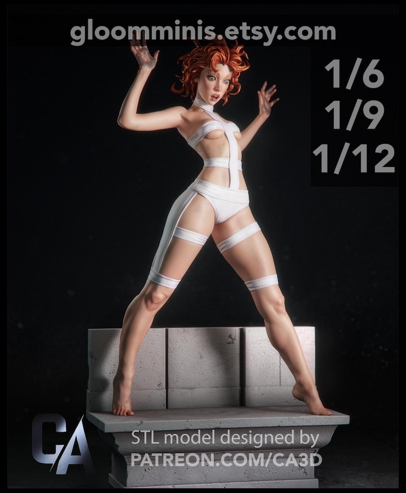 May include: A white figurine of a woman in a futuristic outfit, with her arms raised. The figurine is standing on a stone-like platform. The text "gloomminis.etsy.com" is at the top, and "1/6, 1/9, 1/12" is on the right. The bottom text reads "STL model designed by patreon.com/CA3D".