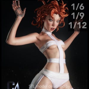 May include: A detailed 3D model of a female figure with fiery red hair and pale skin, wearing a white, strappy outfit. The figure has an expressive face with wide eyes and an open mouth. Text on the image includes "gloomminis.etsy.com" and scale options.