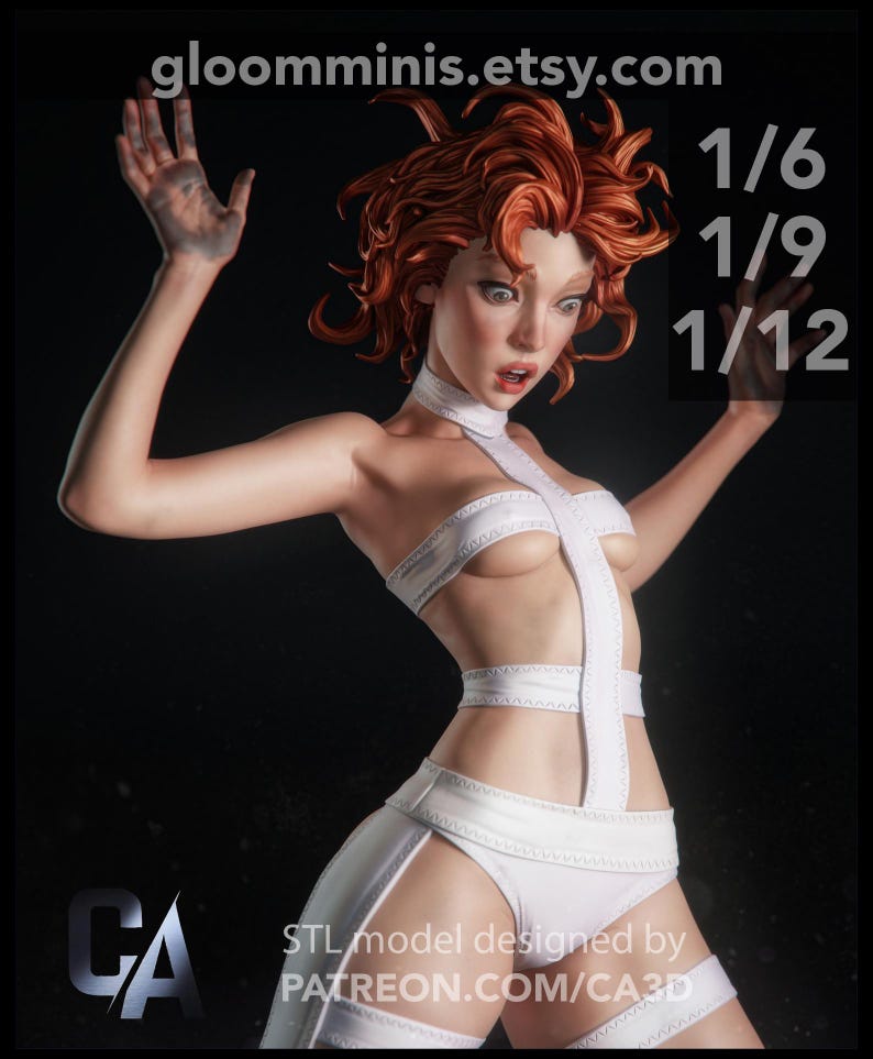 May include: A detailed 3D model of a female figure with fiery red hair and pale skin, wearing a white, strappy outfit. The figure has an expressive face with wide eyes and an open mouth. Text on the image includes "gloomminis.etsy.com" and scale options.