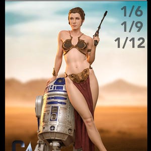 May include: A detailed figurine of a character from a science fiction film, posed with a droid. The figure is wearing a gold-colored top and bottom with a red skirt. The droid is primarily white and blue. The image includes the text "gloomminis.etsy.com" and "DESIGN by CA3D".