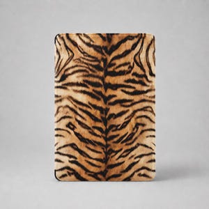 May include: A rectangular tablet case featuring a realistic tiger fur print with a pattern of black stripes over a golden-brown and tan background. The design covers the entire front surface of the case, which has rounded corners and a flat profile.