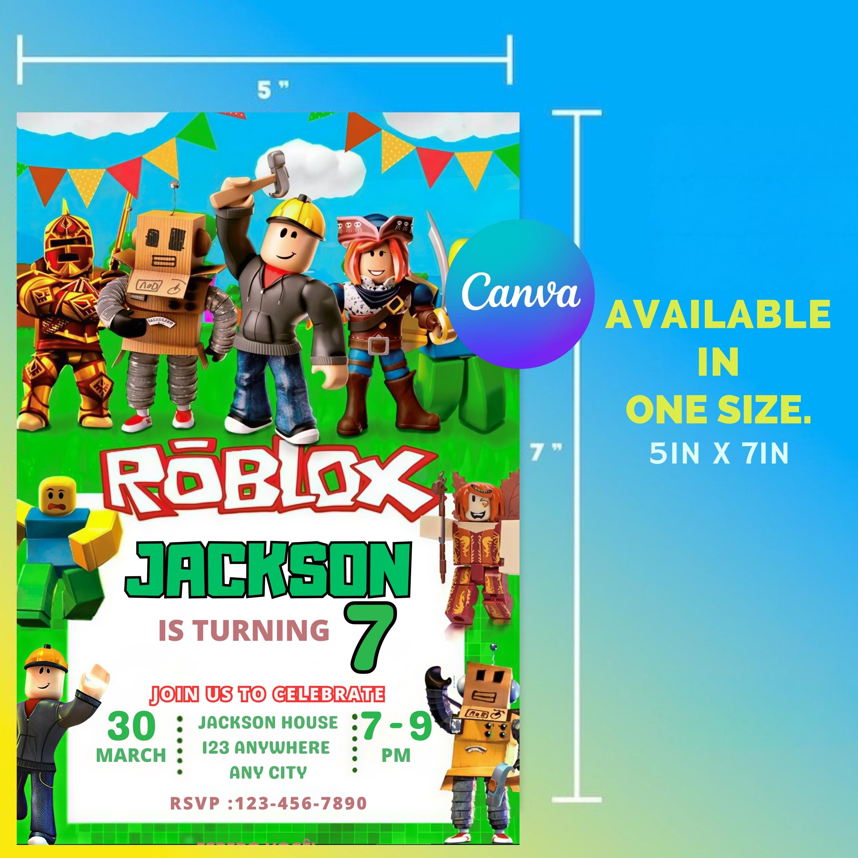 Editable Roblox Birthday Invitation Card, Gamer Kids Boys Party, Canva ...