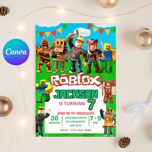 May include: A colorful Roblox-themed birthday party invitation. The invitation features Roblox characters, the name "Jackson", and the number "7". It includes party details: date, time, location, and RSVP information.