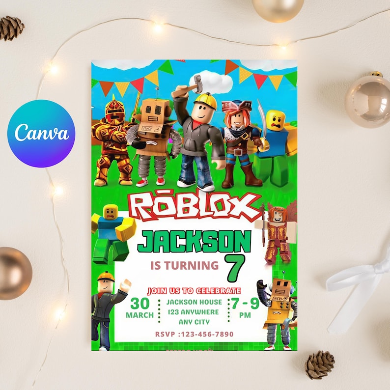 May include: A colorful Roblox-themed birthday party invitation. The invitation features Roblox characters, the name "Jackson", and the number "7". It includes party details: date, time, location, and RSVP information.
