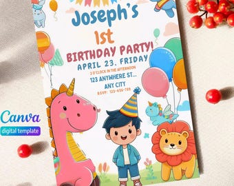 Invitación editable para fiesta de primer cumpleaños de dinosaurio, plantilla de dinosaurio T-Rex de Jurassic World, tarjeta de invitación para fiesta infantil de niños, CANVA