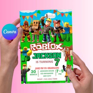 May include: A green and white birthday invitation featuring Roblox characters. The invitation reads "Roblox Jackson is turning 7" and includes party details. The design incorporates colorful Roblox figures and festive decorations.