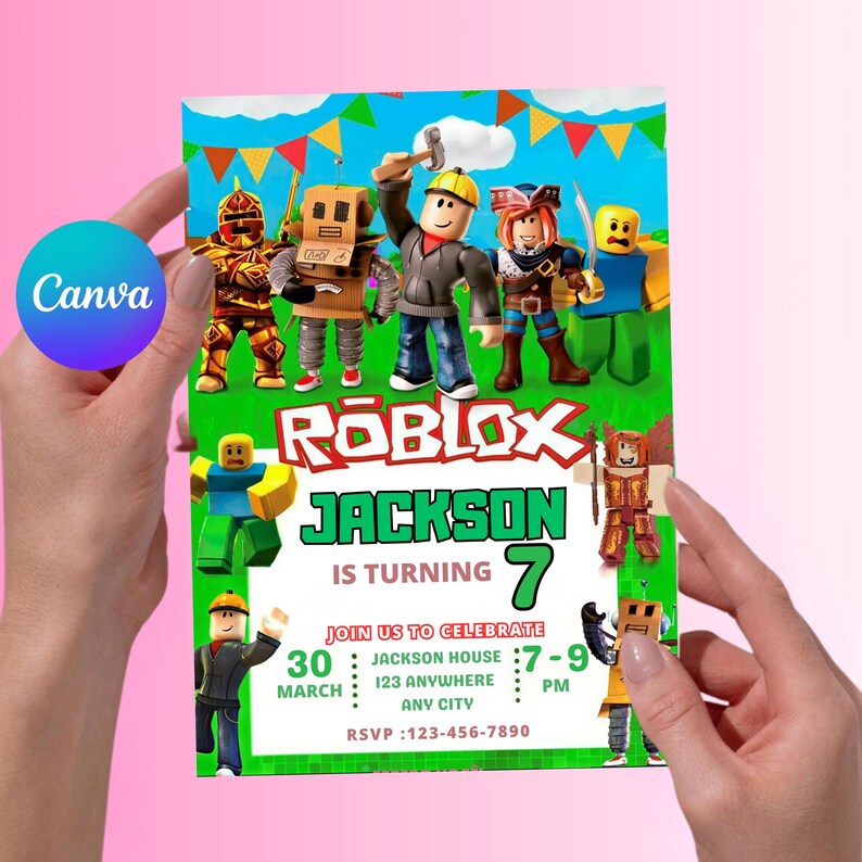 May include: A green and white birthday invitation featuring Roblox characters. The invitation reads "Roblox Jackson is turning 7" and includes party details. The design incorporates colorful Roblox figures and festive decorations.