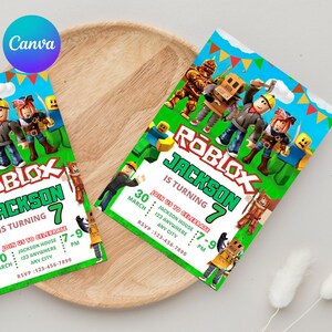 May include: Two Roblox-themed birthday party invitations. The invitations feature colorful Roblox characters and the text "ROBLOX JACKSON IS TURNING 7." Details include the date, time, and RSVP information. The Canva logo is in the upper left corner.