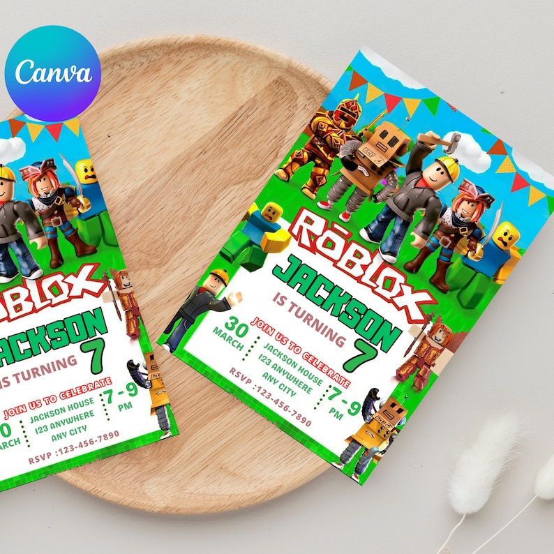 May include: Two Roblox-themed birthday party invitations. The invitations feature colorful Roblox characters and the text "ROBLOX JACKSON IS TURNING 7." Details include the date, time, and RSVP information. The Canva logo is in the upper left corner.