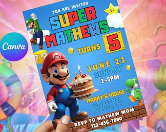 Invitación de cumpleaños editable de Super Mario: 5x7 imprimible (plantilla de Canva)