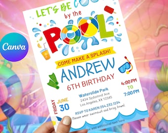 Invitación para fiesta de cumpleaños en la piscina, natación de verano, plantilla editable de Canva (descarga digital), tarjeta imprimible