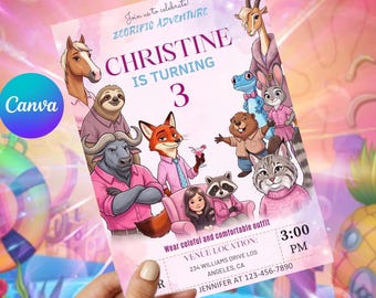 Tarjeta de invitación de cumpleaños de Zootopia editable, plantilla de invitación de cumpleaños de dibujos animados para imprimir, descarga digital instantánea en Canva.