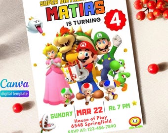 Invitación de cumpleaños editable de Super Mario: 5x7 imprimible (plantilla de Canva)