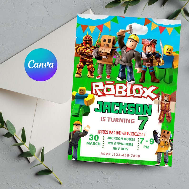 May include: A colorful Roblox-themed birthday invitation featuring cartoon characters and the text "ROBLOX JACKSON IS TURNING 7". The invitation includes event details: date, time, location, and RSVP information.