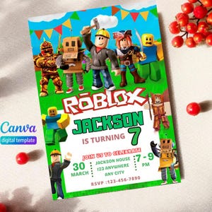 May include: A Roblox-themed birthday invitation featuring cartoon characters on a green and white background. The invitation includes the name "Jackson", the number "7", and party details. The Canva digital template is also visible.