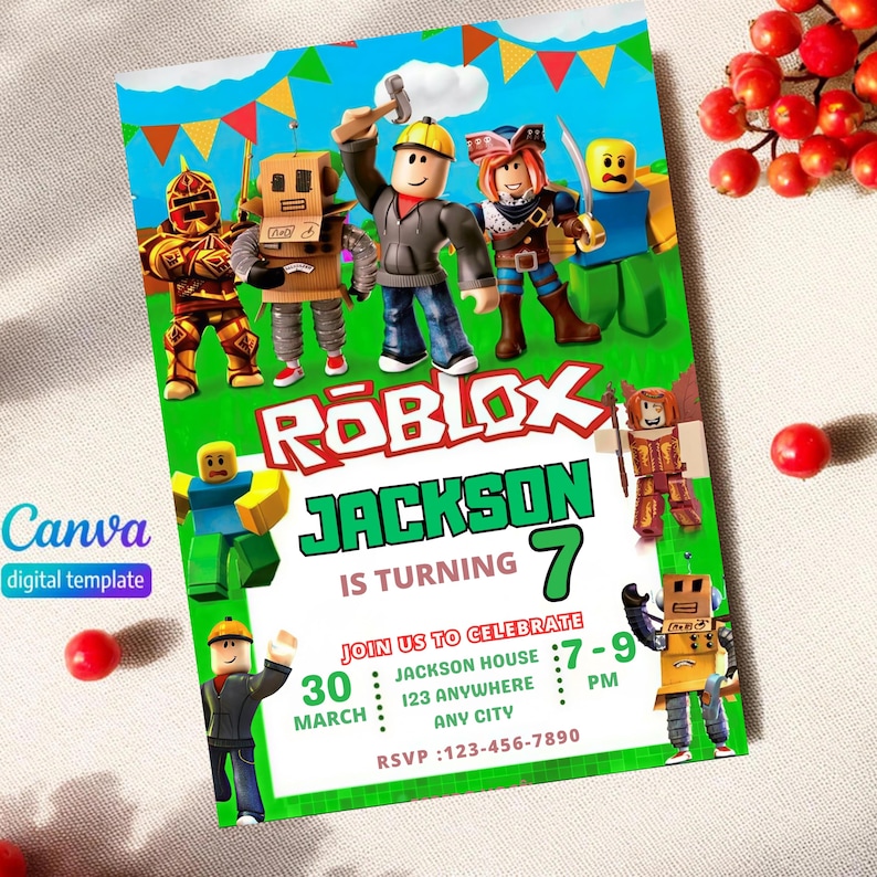 May include: A Roblox-themed birthday invitation featuring cartoon characters on a green and white background. The invitation includes the name "Jackson", the number "7", and party details. The Canva digital template is also visible.