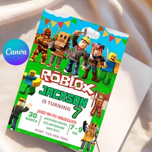 May include: A colorful Roblox-themed birthday invitation featuring cartoon characters on a green background. The invitation includes the text "ROBLOX JACKSON IS TURNING 7" and party details. The Canva logo is visible.