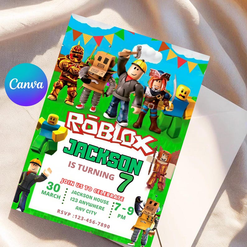 May include: A colorful Roblox-themed birthday invitation featuring cartoon characters on a green background. The invitation includes the text "ROBLOX JACKSON IS TURNING 7" and party details. The Canva logo is visible.