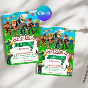May include: Two Roblox-themed birthday party invitations. The invitations feature colorful Roblox characters and the text "ROBLOX JACKSON IS TURNING 7". Additional text includes party details: date, time, location, and RSVP information.
