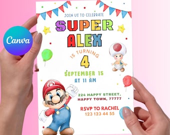 Invitación de cumpleaños de Super Mario, fiesta infantil de videojuegos, imprimible (descarga digital) (CANVA Edit)