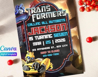 Editable Rescue Bots Transformers Birthday Invitation Template, Bumblebee Optimus Prime Party invite, Autobots Animated