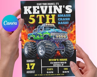 Plantilla editable de invitación de cumpleaños con temática de monster trucks para niños, invitación de cumpleaños con camiones, invitaciones de cumpleaños infantiles
