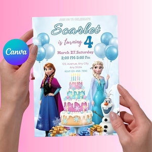 May include: A birthday party invitation with the text "Scarlet is turning 4" and event details. The design includes illustrations of animated characters, a multi-tiered cake, and blue balloons against a light blue background.
