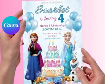 Invitación de cumpleaños editable de Frozen, temática de Elsa y Anna para niñas, descarga digital.