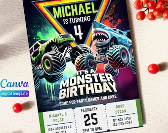 Editable Monster Truck Birthday Invitation Template For Boys, Smash & Crash Trucks Party Invite Card