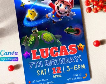 Invitación de cumpleaños de Super Mario Galaxy, invitación para fiesta espacial para niños, plantilla editable de Canva, descarga instantánea.