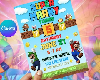 Editable Super Mario Birthday Invitation, Printable (Canva Template) Mario Party Invite Instant Digital Download