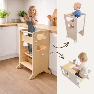 Dastium Kids - Tour d'apprentissage 3 en 1 - Meuble de cuisine inclinable - Tour de cuisine - Chaise haute - Table de jeu - Tour d'apprentissage - Tour d'apprentissage réglable