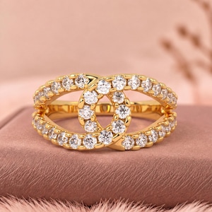 Pave Infinity Loop Diamond Ring, Interlocking Lab Grown Diamond Ring, 14K Solid Gold Double Band, Unique Wedding Ring, Anniversary Gift