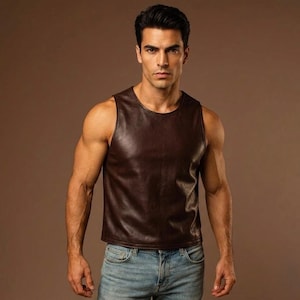 May include: A dark brown sleeveless top made of a smooth, leather-like material with a round neckline, paired with light blue denim jeans. The top features a clean, minimalist cut with a straight hemline that sits at the waist.