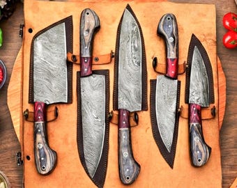 Hand Forged 5-Piece Kitchen Chef Knives Set – Premium Damascus steel Blades With Leather Roll Kit